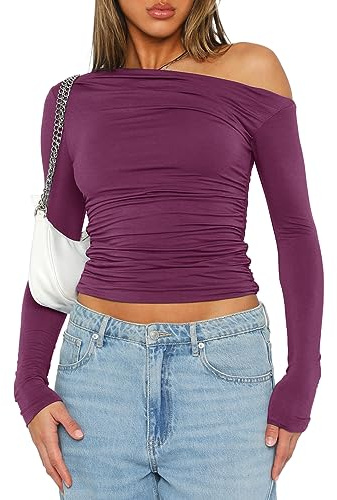 Darong Women's Casual Long Sleeve Boat Neck Off Shoulder Slim Fit Crop Top Going Out Blouses Y2K Tight Shirts, Purple Red, M