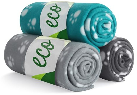 wometo Eco - Set di 3 coperte per cani, in materiale riciclato al 100% + certificazione Oeko-TEX, 3 pezzi, 70 x 100 cm, grigio scuro e turchese