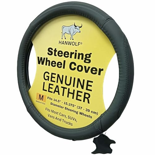 Steering Wheel Cover, Black, Real Genuine Leather, 15 inch, for Men and Women, Universal, Stretch On, Heat Resistant, Stays Cool, Non-Slip, HANWOLF