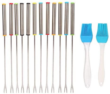 Paket med 12 Fonduegafflar i Rostfritt Stål, 24 Cm Spett, Fonduegaffel, Fonduespett med Värmebeständigt Handtag, Långa Gafflar för Kakor, Choklad, Frukt, Ost, Fondue