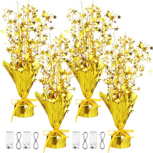 HAOWANWW 4 Sets LED String Lights Golden Star Foil Spray Centerpiece Table Decoration Metallic Foil Spray Centerpiece Party Gold Plastic Metallic Gold Spray Centerpieces