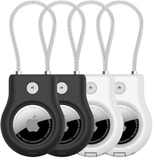 Belkin Apple AirTag Secure Holder w/Wire Cable, Scratch-Resistant AirTag Case w/Allen Key Locking System, Protective AirTag Keychain Accessory for Keys, Luggage, Pets, & More - Black/White (4-Pack)