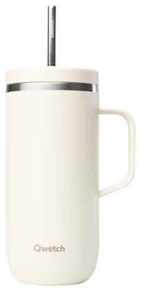 QWETCH - Cold Cup 600ml avec Poignée et Paille - 24h Glacé & 12h Froid - Sable - Gourde Isotherme en Inox, Sans BPA, Tasse Thermo Café