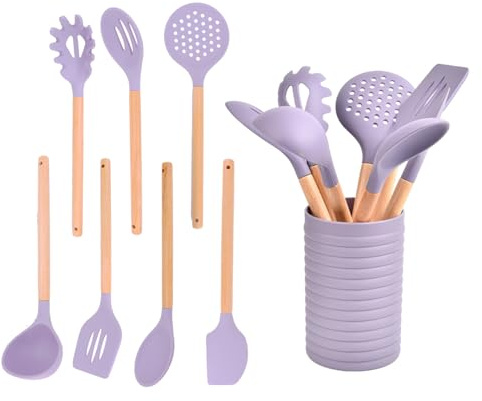 AVEKI Köksredskapsset med hållare, 8 delar silikon värmebeständiga köksredskapsset med trähandtag, köksredskapsprylar verktygssats för nonstick köksredskap, diskmaskinssäker (lila)