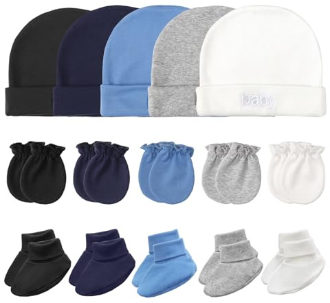 DRESHOW Recién Nacido Bebé Gorro y Manoplas Calcetín Conjunto Algodón Bebés Sombreros y Sin Rasguños Guantes Calcetines Gruesos para Niñas Niños 0-6 Meses