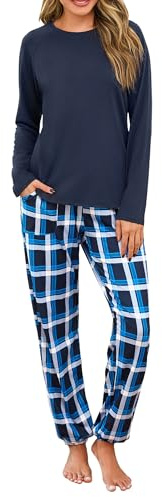 Uniexcosm Pijama Mujer Largo Pijamas para Mujers Invierno Conjunto de Mujer 2 Piezas Manga Larga en Cuello Redondo Top y Pantalones a Cuadros Ropa de Casa Azul Marino M
