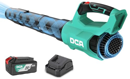DCA Souffleur de Feuilles sans Fil 20V avec Moteur Brushless, Débit d'air 820 m³/h & 193 km/h, Batterie 4.0Ah Incluse, Ultra-Léger 1,5kg, Variateur de Vitesse pour Jardin, Allées et Poussière