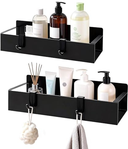 Valyrane 2 Pezzi Mensola per Doccia Senza Foratura, Nera, Mensola Portaoggetti Antiruggine per Il Bagno, Mensola per Shampoo E Bagnoschiuma, Mensola per Doccia Nera, Mensola da Bagno Con 4 Ganci