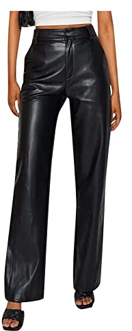 Dambyxor, Läderbyxor, Löst Sittande, Hög Midja, Konstläderbyxor, Långbyxor, Slits, Vida Ben, Vardagsbyxor, Vindtäta, Vattentäta, Konstläderleggings, Konstläder, PU-leggings(Noir,S)