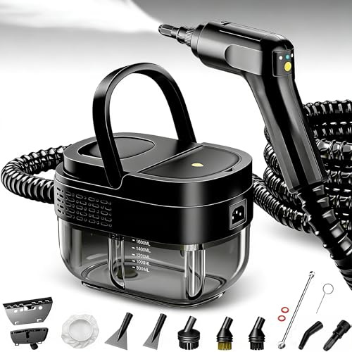Dampfreiniger Handgerät 2500W, 1600ML Wassertank, 3-Stufig Verstellbarer Griff, 105℃ Hochtemperatur & 3 Bar Druck, 15s Schnelle Aufheizung, 10 Zubehörteile, für Auto/Fenster/Küche (Schwarz)