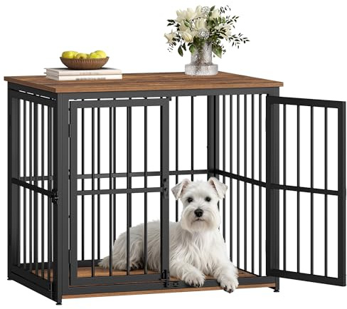 Fobyfurny Jaula para Perros, 80cm Jaula Mueble para Perro con 3 Puertas, Casa Madera Perro, Mesa Auxiliar, Perros Pequeños y Medianos, Casa Interior Perros, 80 x 60 x 70 cm, Marrón Rústico y Negro