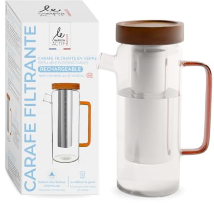 Le Charbon Actif Francés – Jarra filtrante de cristal 1,5 L + 1 cartucho de filtro incluido – Filtro inoxidable recargable infinito – Purifica el agua del grifo (cloro, pesticidas, PFAS) – Libre de