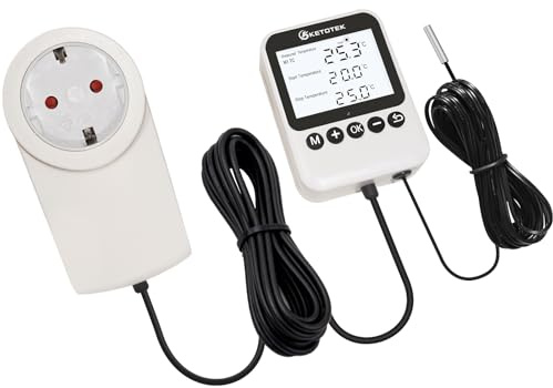 KETOTEK Presa Termostato Giorno/Notte con Timer 220V, Riscaldamento/Raffreddamento Regolatore di Temperatura Digitale, Sonda 3M, Design Separato, 3 Modalità per Rettili Terrario Serra Incubatrice