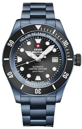 Swiss Military by Chrono SMA34075.10 begränsad utgåva automatisk herrklocka armbandsur schweiziskt urverk med rostfritt stål metallarmband safirglas blå