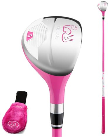 Barn #1 W/#5 W golf träklubb högerhänt golfdriver hybridjärn med kolskaft och huvudskydd, junior, golf, farlesvogar för pojkar flickor (för ålder 6–8, rosa (5 W))