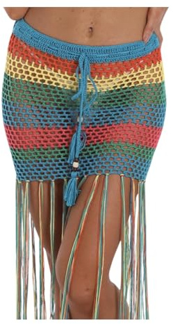 Pryana Pareo Corto Tejido para Playa y Piscina de Mujer | Falda Playera de Crochet con Flecos Largos S, M, L