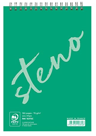 Calligraphe 15372C Un Bloc à Spirale Sténo Vert (une Marque de Clairefontaine) - A5 14,8x21 cm - 90 Feuilles Unies Blanches - Papier 70 g