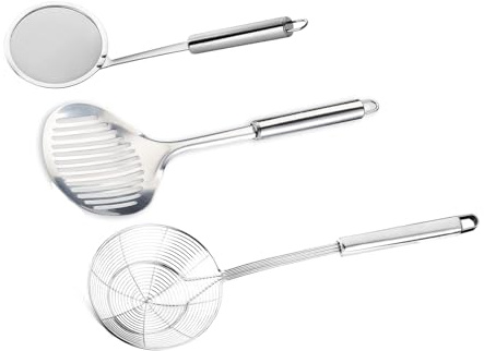 Tenta tenta kitchen Solid Stainless Steel Spider Strainer Skimmer Ladle for Cooking and Frying, Kitchen Utensils Wire Strainer Pasta Strainer Spoon Hot Pot Fat Skimmer Spoon Set of 3