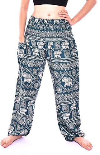 Bohotusk Kids Bohemian Harem Pants Smocked Elasticated Waist Hippy Boho Style - Childrens Hippie Festival Trousers (UK, Age, 9 Years, 12 Years, Regular, Turquoise Elephant Print)