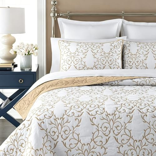 mixinni Reversible Soft Quilts 3-Piece Beige Embroidery Pattern Elegant Set with Embroidered Decorative Shams Soft Bedspread&Coverlet Set (Queen Size, Beige)