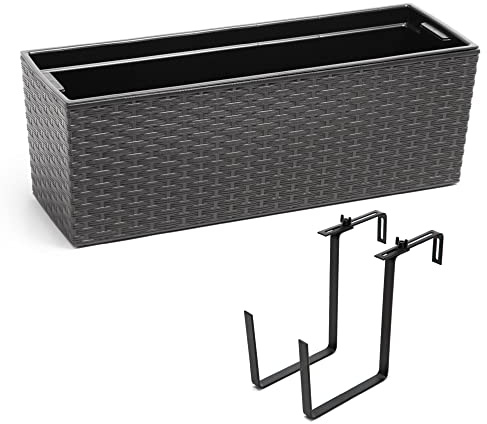 Balkonglåda, planteringslåda, blomlåda, vattenförvaring, plasträcke, flexibel metallhållare, pulverlackerad 56 x 18,5 x 19,5 cm, 3 ytdesign, 5 färger (antracit, rottingutseende)