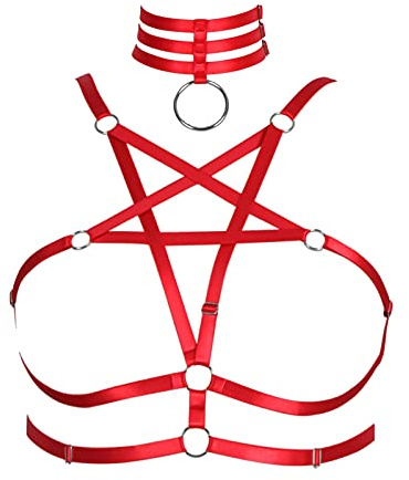 BBOHSS Femmes Corps Harnais Pentagramme Mode Soutien-Gorge Lingerie Cage Ceinture Grande Taille élastique Punk Gothique Carnaval Halloween Danse Costume (Rouge)