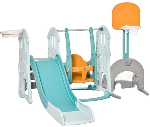 HOMCOM 5 en 1 Tobogán y Columpio para Niños +18 Meses con 2 Canastas de Baloncesto Portería Fútbol con Asiento Ajustable Parque Infantil Interior y Exterior 210x186x133 cm Multicolor