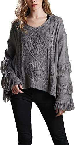 Maglione da donna in maglia solida girocollo con frange morbide e maniche a campana Pullover in maglia crop top felpe casual, Grigio, S