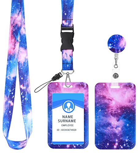 Molain Porte carte d'identité avec cordon et rouleau de badge rétractable Porte cartes d'identité Motif ciel étoilé Rouleau de clé rétractable Lanières bandoulière incassables (étoiles transparentes)