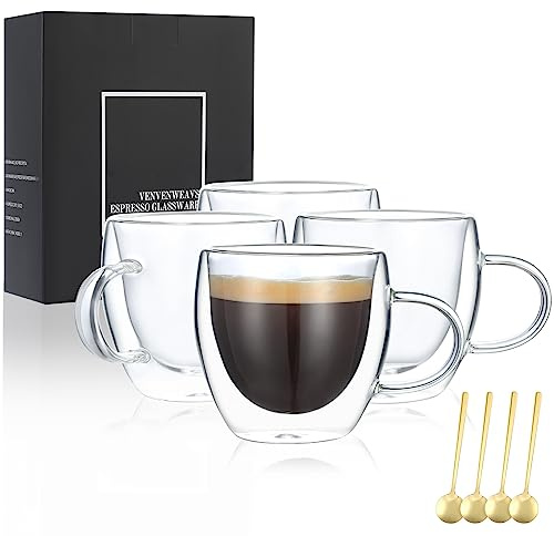 VENVENWEAVS Espresso Cups Set Of 4,Double Wall 5OZ Hand Blown coffee Shots Glass,Espresso Coffee Mugs In Gift Box,Perfect For Espresso,Latte,Cappuccinos,Tea Bag,Juice