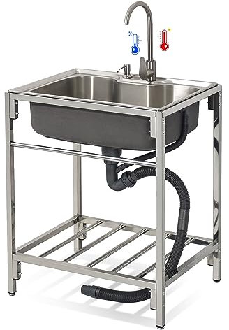Free Standing Outdoor Utility Sinks 304 Stainless Steel Single Bowl Basin with Cold Hot Water Pipes Tap for Commercial Kitchen Bathroom Restaurant Farmhouse Laundry Catering Sink,72cm