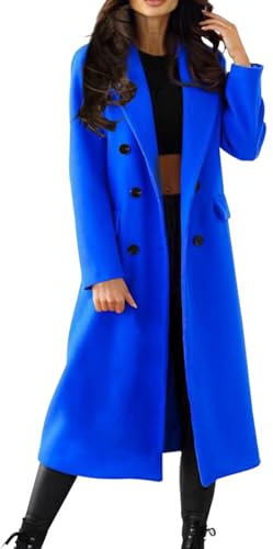 Abrigo elegante de lana para mujer, abrigo de doble botonadura, abrigo de invierno con solapa larga, abrigo de invierno monocolor, cuello vuelto, ligero, largo a prueba de viento, azul, S