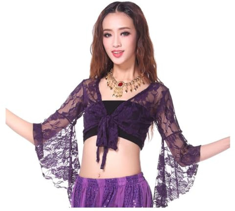 Top da donna per danza del ventre, top avvolgente con maniche svasate a 3/4, top corto con scialle floreale fasciato con nodo per abbigliamento da ballo, top corto con farfalle in pizzo per danza