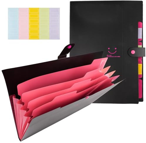 Fächermappe, A4 Mappe mit 5 Fächern, PP Kunststoff Dokumentenmappe A4, Schwarz Ordnungsmappe Organizer Mappe, Register-Mappe, Projektmappe für Schule,Bürobedarf, Büro, Zuhause