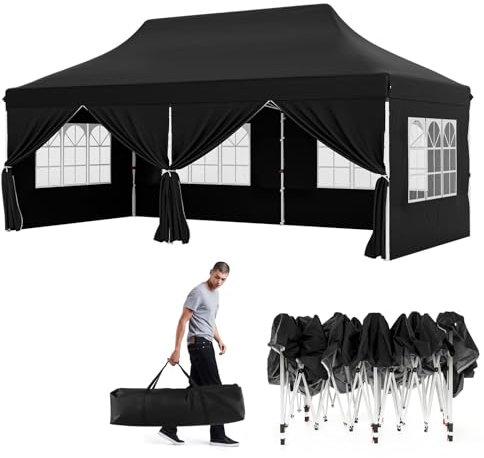 GOPLUS 3x6M Tonnelle Jardin Pliable, Hauteur Réglable, Entrées Zippées, Fenêtres, Sac de Transport, Sac Lesté Pavillon Portable Instantanée Pop-Up pour Fête,Mariage (Noir|6 Bâches, 3x6M)