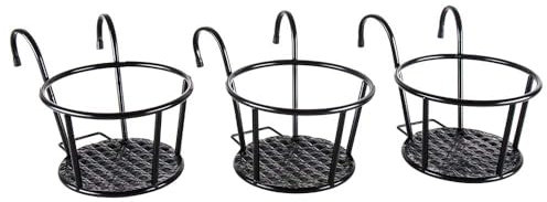 ABRFC Iron Art Hanging Baskets Flower Pot Holder Over The Rail Metal Fence Planter Pot Metal Bucket Flower Holder with Hook Indoor Outdoor Decor for Railing Fence Balcony Garden (3Pack, Black)
