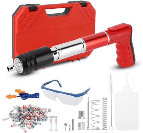 Pistola Sparachiodi Manuale in Acciaio con 200 Chiodi, Kit Pistola Sparachiodi per Cemento Regolabile a 5 velocità, Utensile Elettrico per Fissaggio a Parete, Pistola Ad Aria