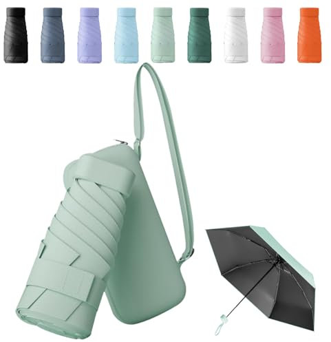 Sykerout Mini Regenschirm - Kompakter Taschenschirm, Faltbarer Reise-UV-Schirm Mit Kartenhalter Und Seil (Mintgrün)