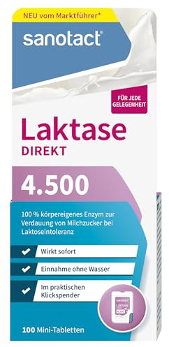 sanotact Laktase Direkt 4.500 Mini-Tabletten – 100 Stück | Für Laktoseintoleranz | Sofortige Wirkung | Ohne Wasser einnehmbar | Praktischer Klickspender