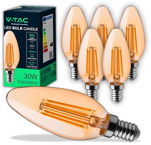 V-TAC 6x Ampoules LED Filament Bougie Ambrée E14-4W (équivalent à 30W) - 350 Lumen - 2200K Blanc Chaud - Ampoule Ambre Vintage Verre - Efficacité Maximale et Économie d'Énergie