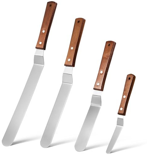 4PCS Spatola per Glassa, Coltello Paletta Glassa, Spatole per Dolci in Acciaio Inossidabile, Spatole Cucina Inclinate con Manico in Legno, 4/6/8/10 Pollici