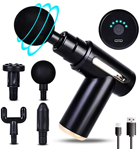 Pistola de masaje mini, mini pistola de masaje, dispositivo de masaje muscular, portátil, con 6 velocidades, dispositivo de masaje con puerto de carga USB C, pistola de masaje, 4 cabezales de masaje