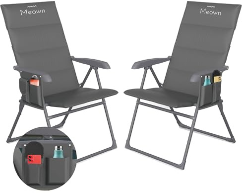 Meown Gravity Lounger Chairs, Set of 2, Adjustable 5-Position Reclining & Folding Sunloungers with Padded Backrest, Side Pocket, Portable & Easy Armrest Control for Garden, Camping, Beach (GREY)