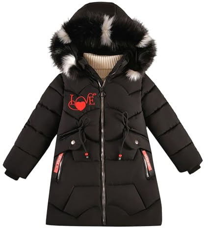 Girls Long Puffer Coat Cute Love Heart Winter Jacket Kids Padded Down Coats with Faux Fur Hood Waterproof Warm Thick Parka Lightweight Windproof Thermal Jacket with Pockets