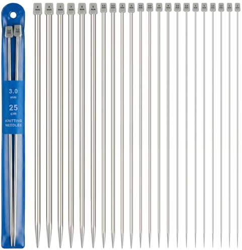 Knitting Needles Set, 22 Pcs 25cm Stainless Steel Straight Single Pointed Needles, 11 Sizes Metal Knitting Needles for Handmade DIY Sweater Scarf Craft, Long Knitting Needles Kit
