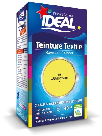 IDEAL - Teinture Tissus Liquide Mini 02 Citron - 40 ml + 1 Dose de Fixateur 50 g - Teinture Textile Longue Tenue - Coton, Lin, Soie, Viscose - Efficace dès 40°C - Fabrication Française