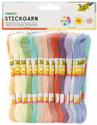 folia 23993 - Stickgarn Pastell, 100 % Baumwolle, 52 Docken à 8 m in 26 Farben sortiert, zum Sticken, Knüpfen und Basteln