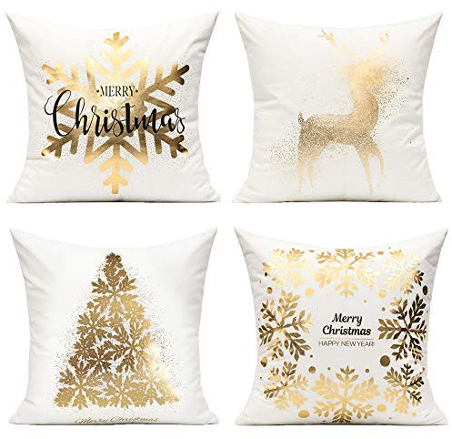 All Smiles Kissenbezug 4 Stück 45x45cm Weihnachten Samt weiß golden Dekorative Kissenhülle draußen Dekokissen Sofakissen Zierkissenbezüge für Sofa Schlafzimmer Wohnzimmer Auto Zuhause Dekoration