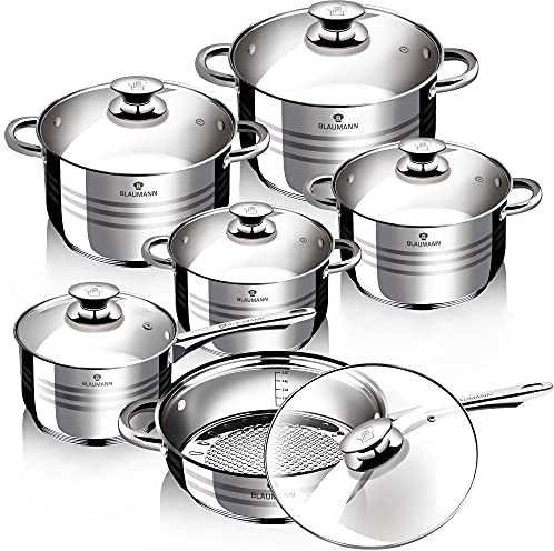 SMHLINE® Gourmet Batterie de cuisine 12 pièces en acier inoxydable anti-adhésif Poêle à induction