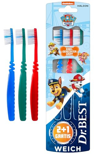 Dr.BEST Paw Patrol Zahnbürste, Weich (2 Stück + 1 Stück Gratis), weiche Borsten und kindgerechter Griff